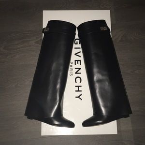 GIVENCHY Shark Lock Knee Boots Black Leather 37